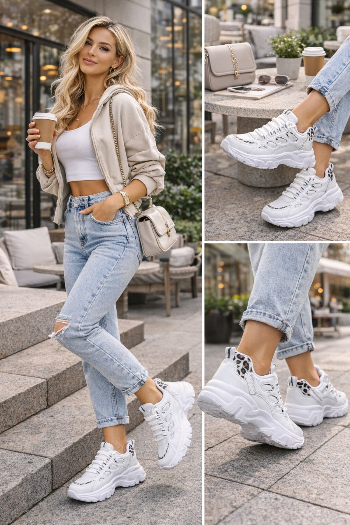 Kadın Beyaz Kalın Taban Sneaker Leopar Detaylı Günlük Spor Ayakkabı