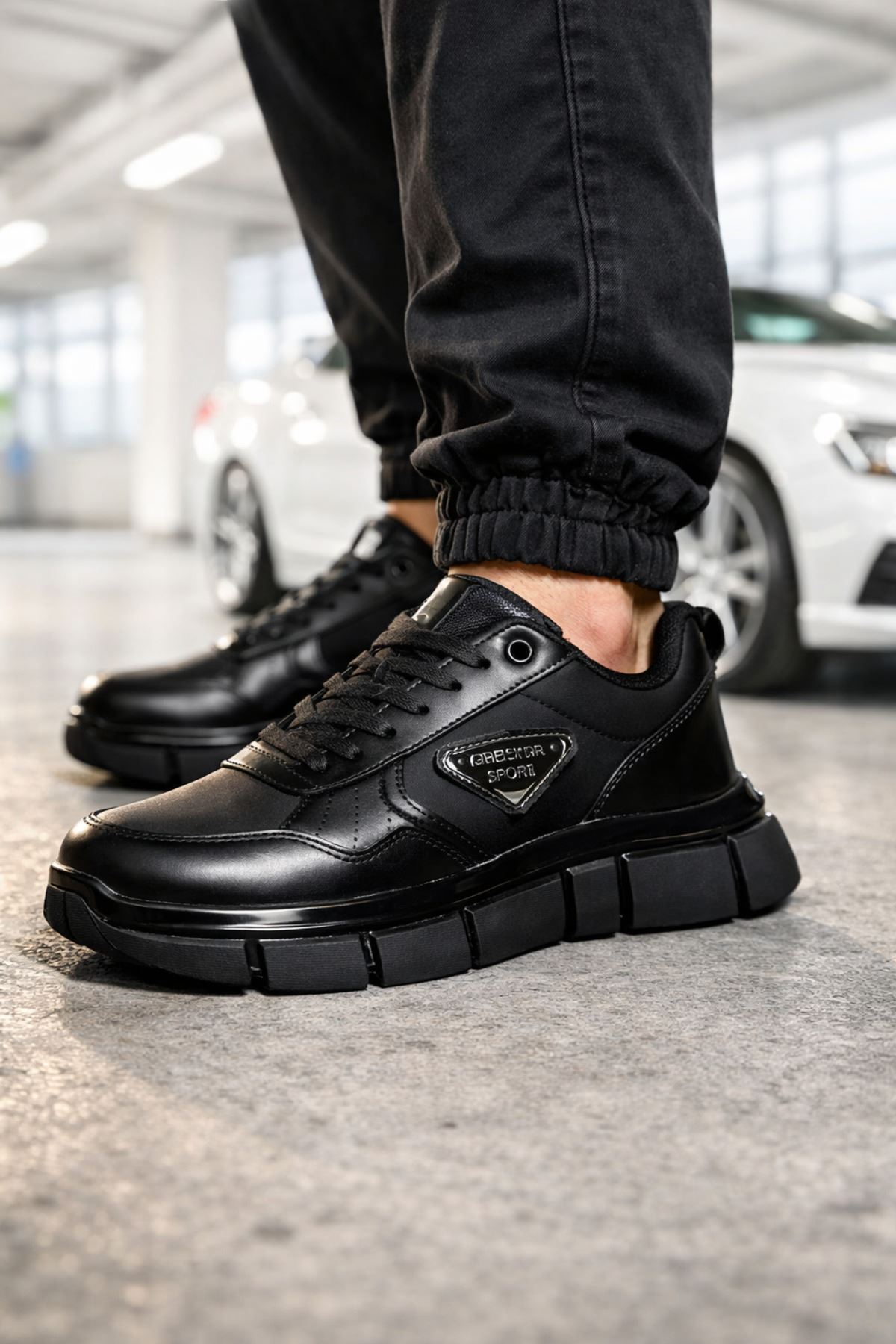 Erkek Siyah Kalın Taban Sneaker Günlük Rahat Spor Ayakkabı Kaydırmaz Modern Casual