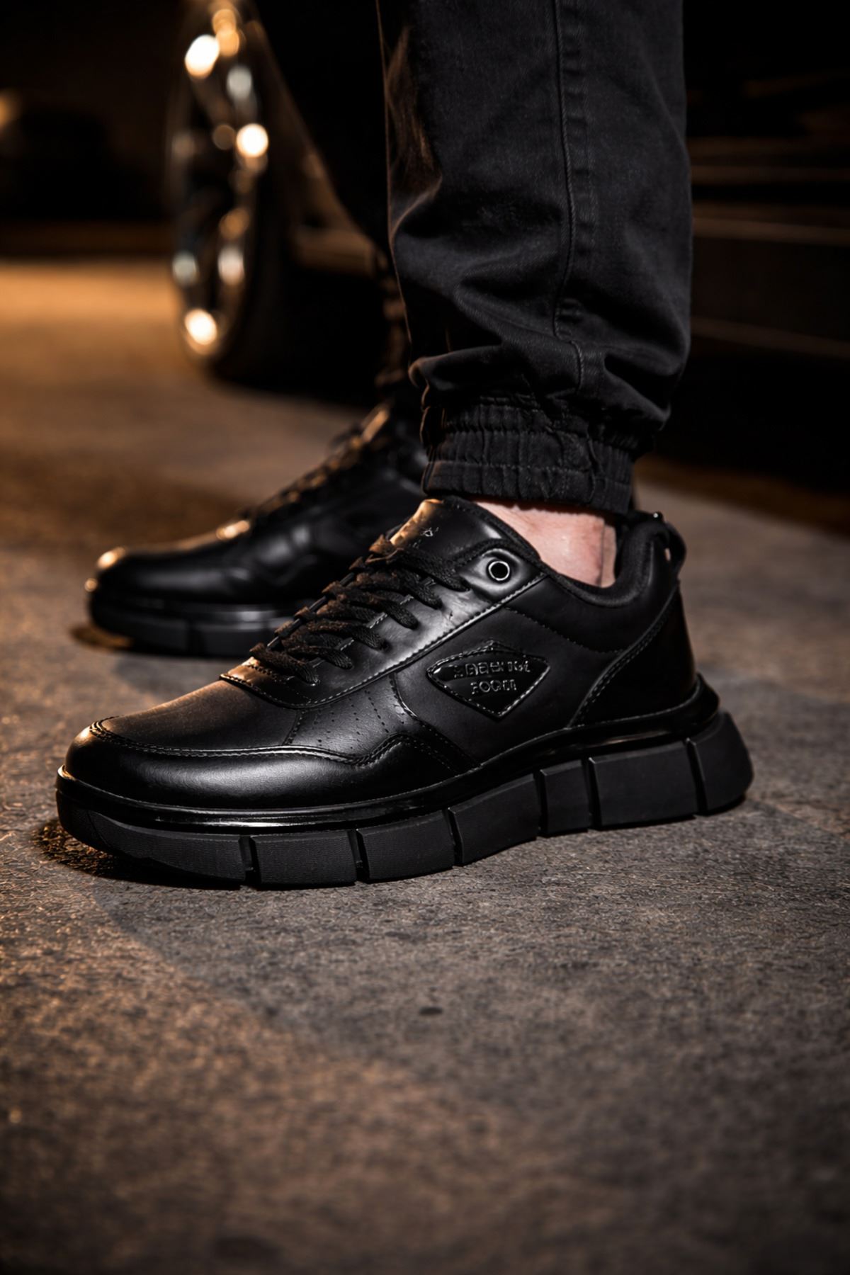 Erkek Siyah Kalın Taban Sneaker Günlük Rahat Spor Ayakkabı Kaydırmaz Modern Casual
