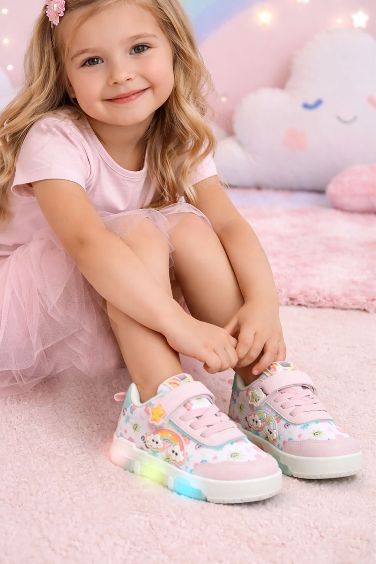 Desenli Işıklı Düz Taban-Pedli Çocuk Sneaker