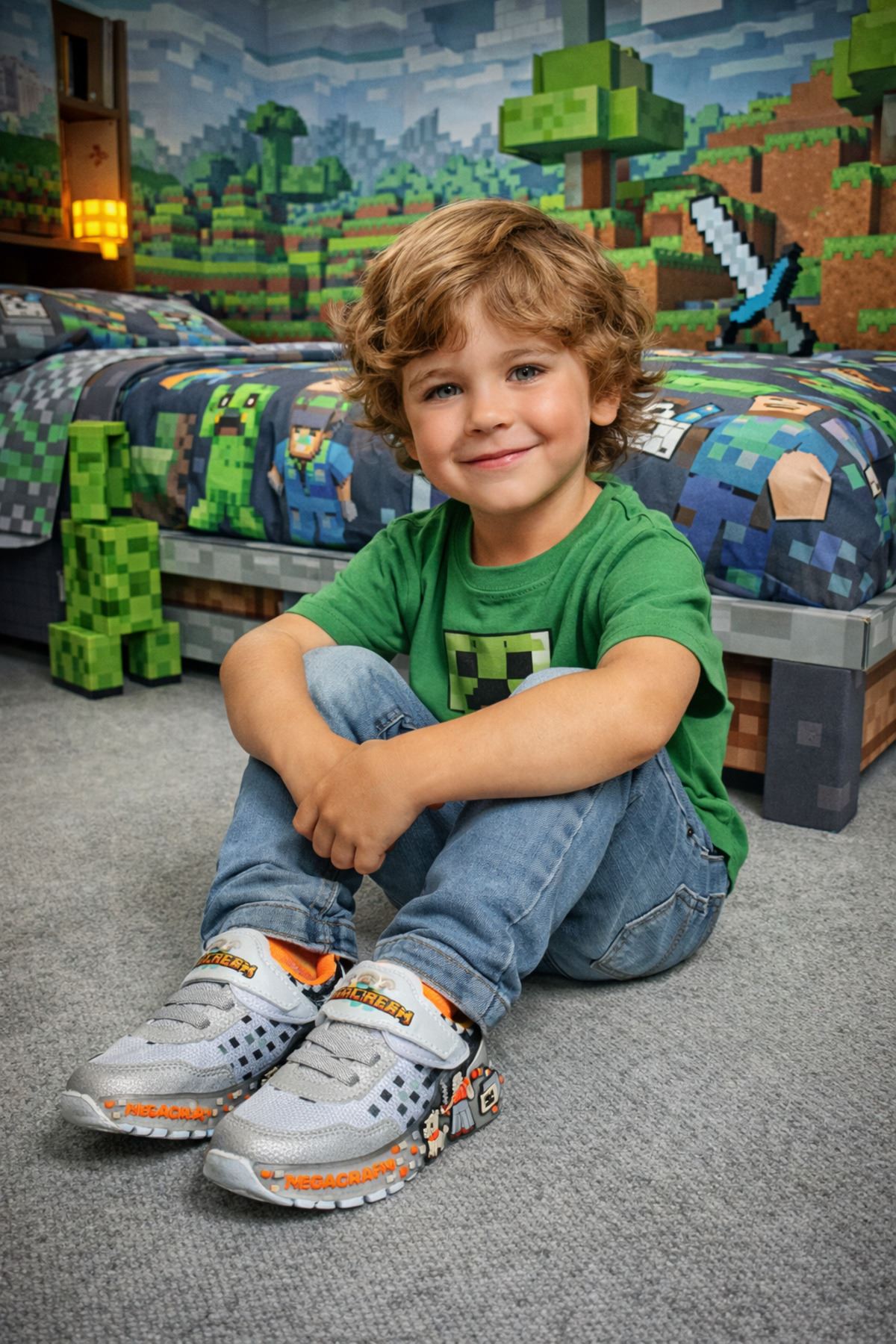 Mine-craft Temalı Erkek Çocuk Spor Ayakkabı Işıklı Tabanlı Cırtlı Rahat Günlük Sneaker MEGACRAFT