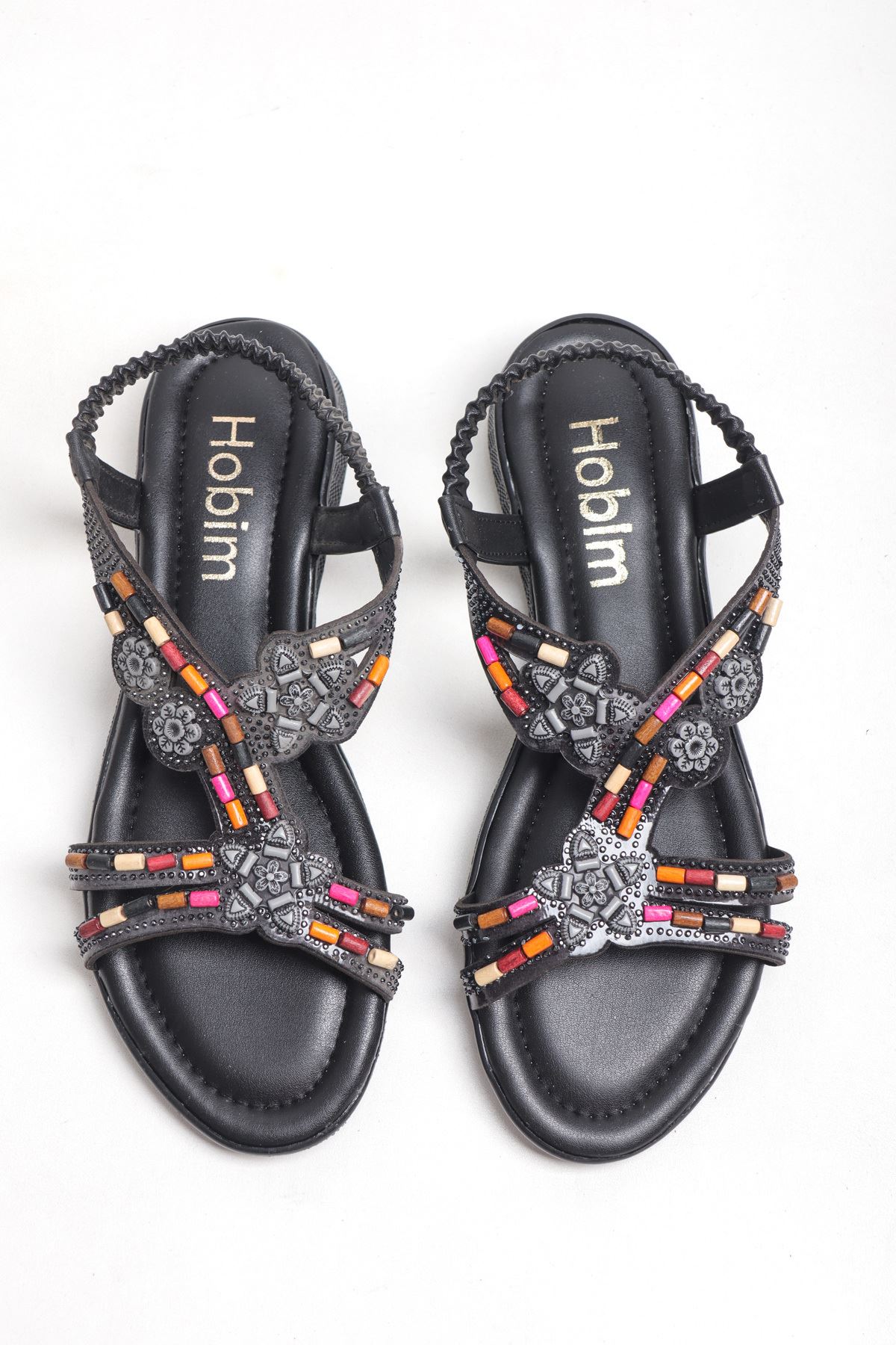 Boncuklu Taşlı Arkadan Lastikli Comfort Günlük Taşlı Kadın Sandalet
