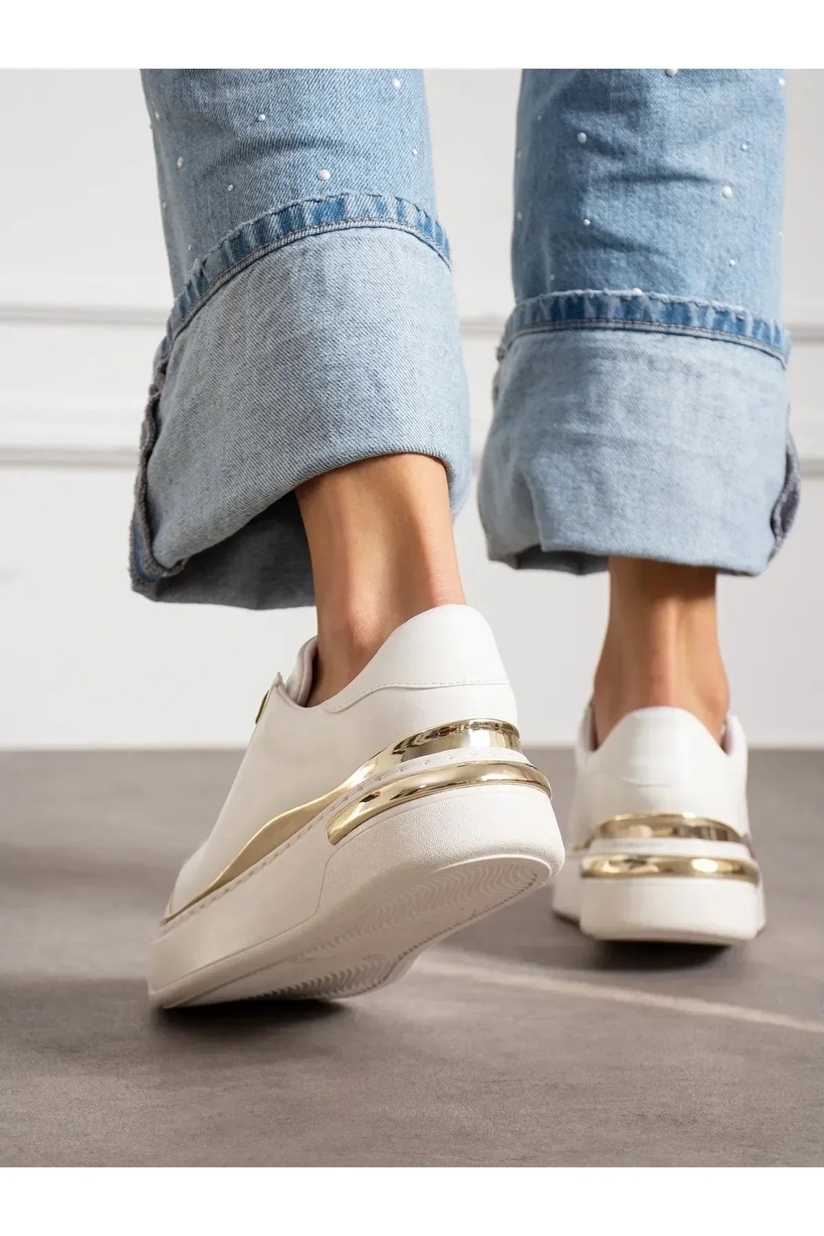 Beyaz Siyah Gold Yumuşak Kadın Günlük Casual Sneaker