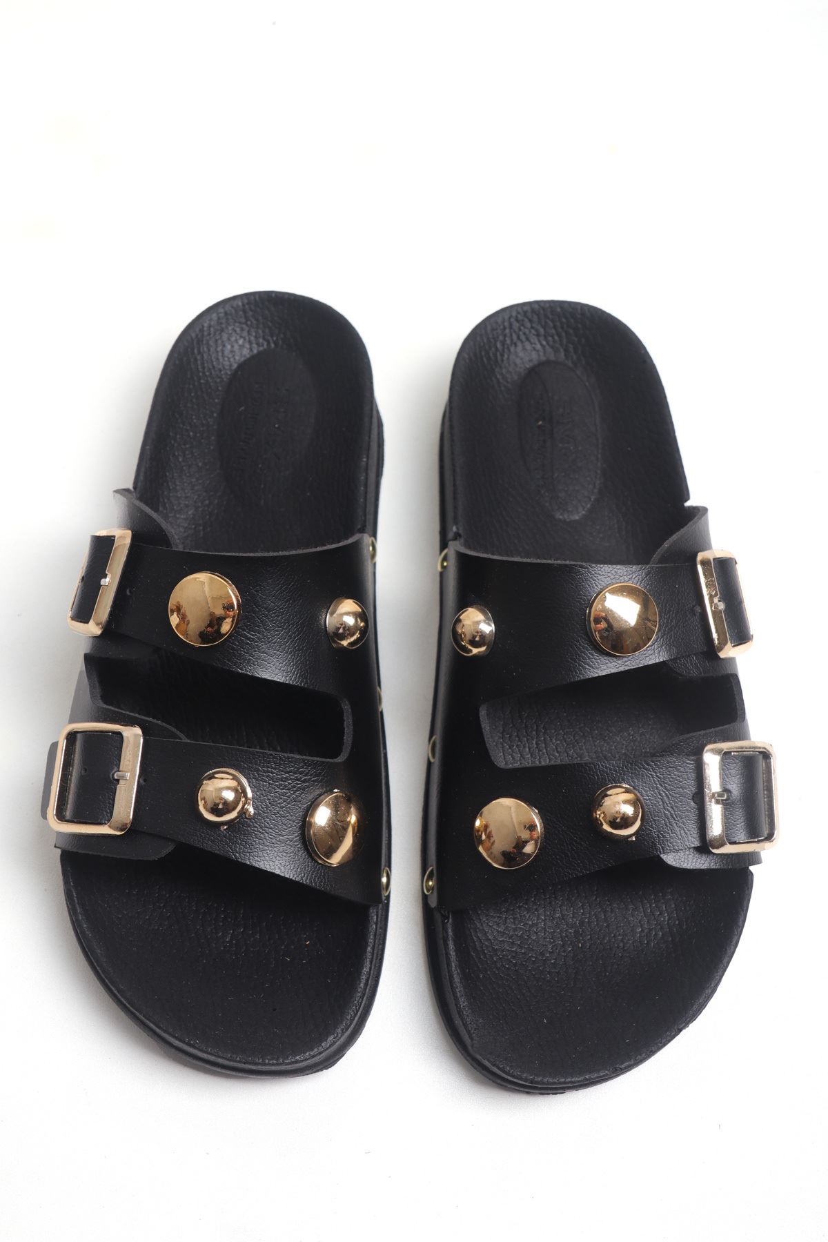 Çift Bantlı Gold Toka Detaylı Günlük Konfor Kadın Terlik