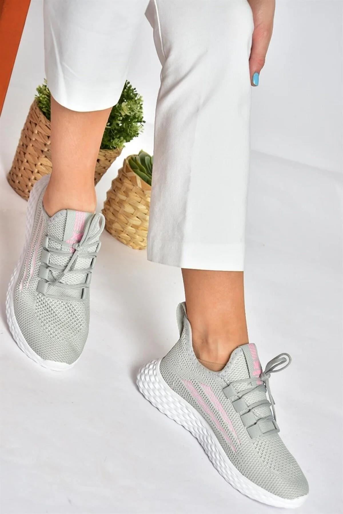 Gri Triko Kumaş Kadın Spor Ayakkabı Sneakers