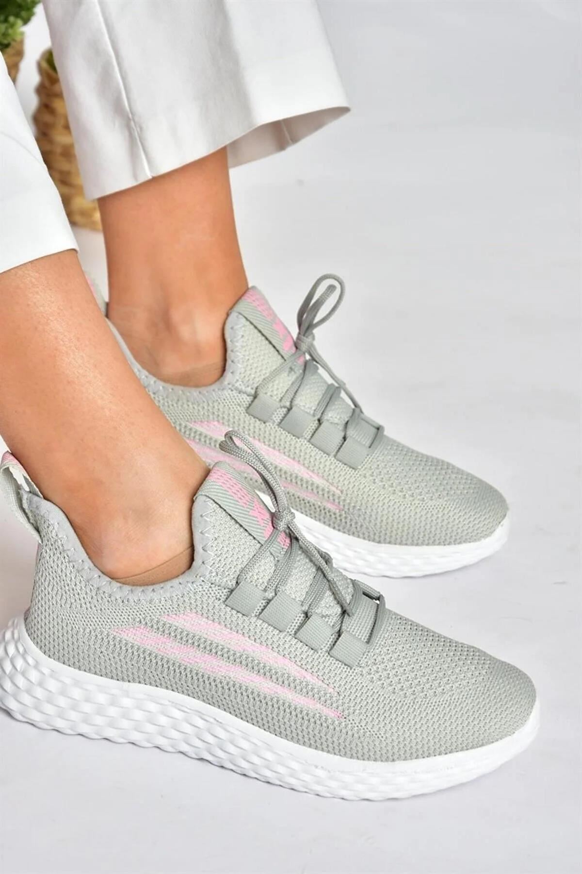 Gri Triko Kumaş Kadın Spor Ayakkabı Sneakers