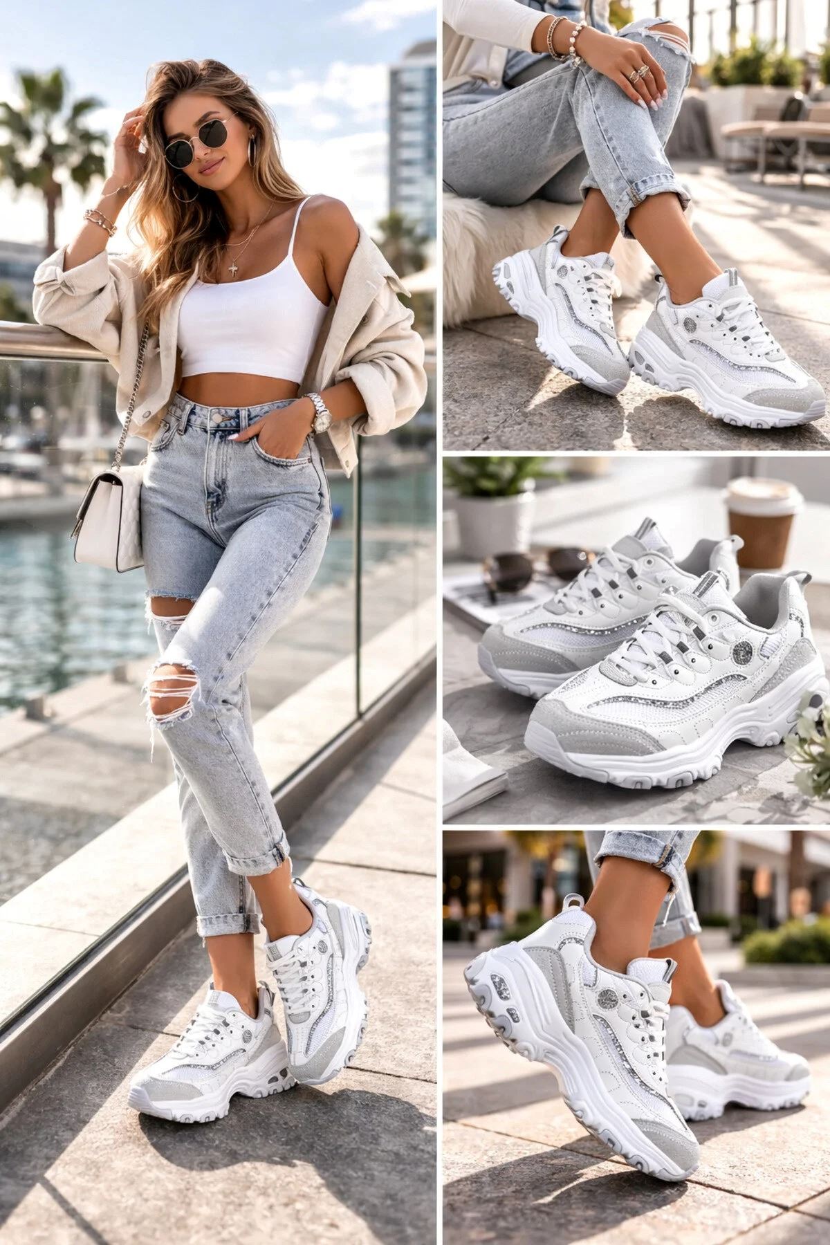 Kadın Beyaz Kalın Taban Simli Detaylı Günlük Sneaker Spor Ayakkabı
