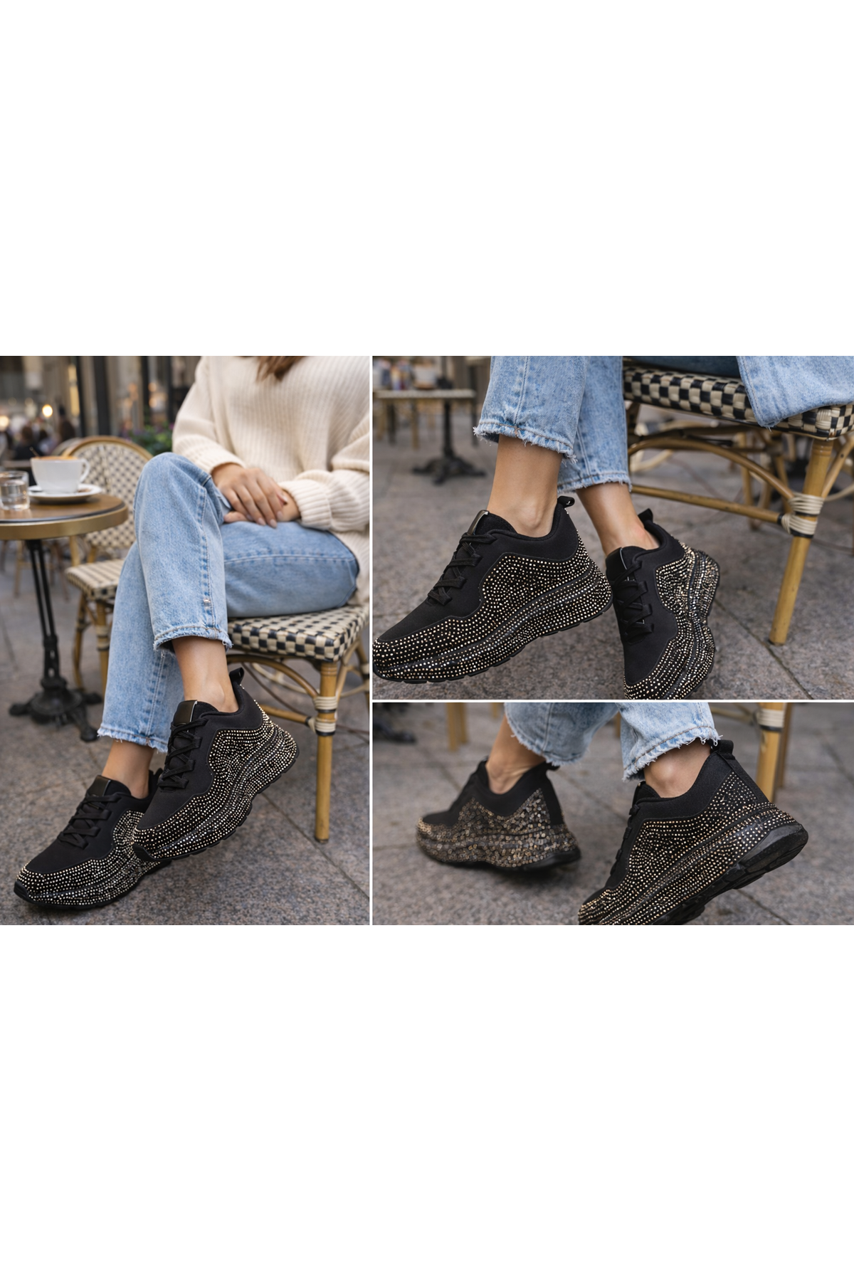Kadın Siyah Taşlı Sneaker Spor Ayakkabı Kalın Taban Rahat Günlük Şık Parlak Model