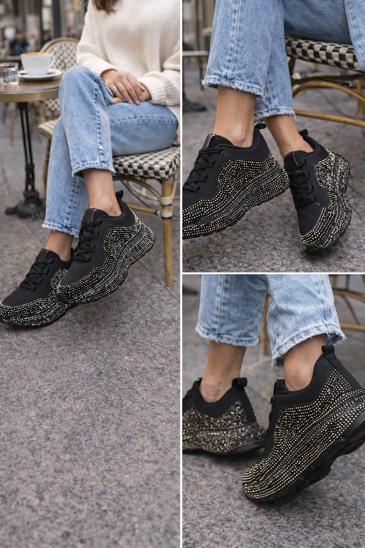 Kadın Siyah Taşlı Sneaker Spor Ayakkabı Kalın Taban Rahat Günlük Şık Parlak Model
