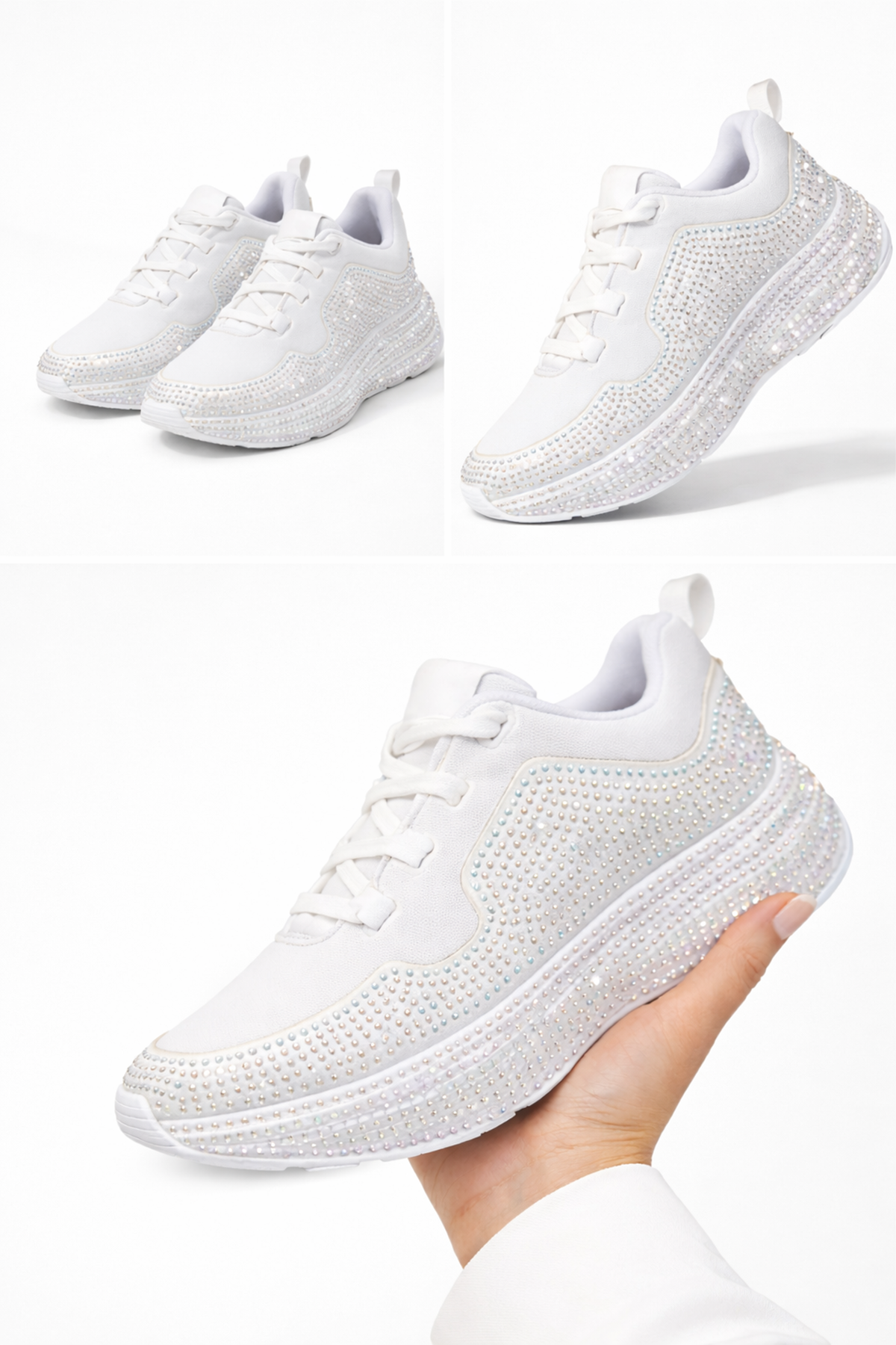 Kadın Beyaz Taşlı Sneaker Spor Ayakkabı Kalın Taban Rahat Günlük Şık Parlak Model