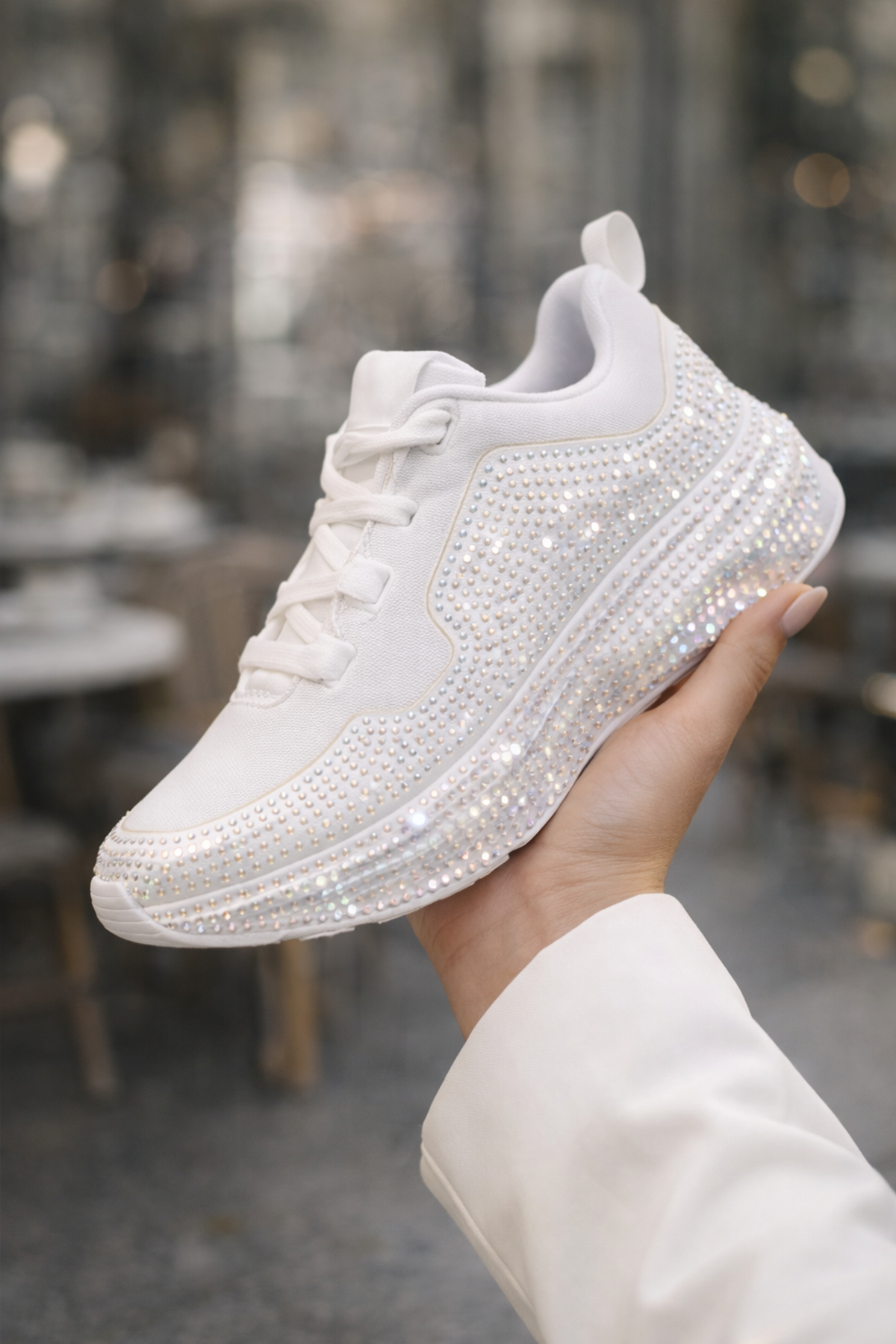 Kadın Beyaz Taşlı Sneaker Spor Ayakkabı Kalın Taban Rahat Günlük Şık Parlak Model