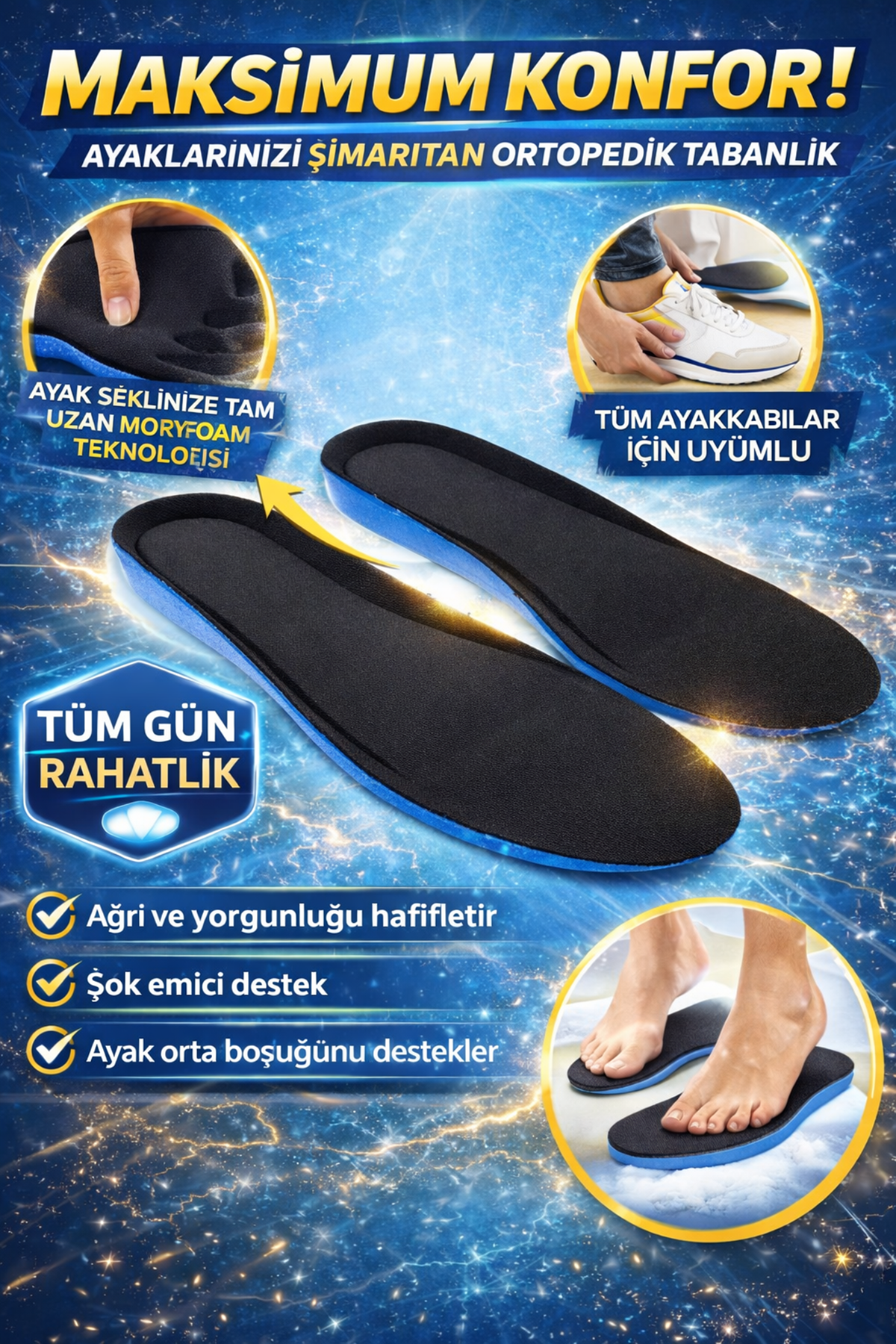 Ortopedik Ayakkabı Tabanlığı Memory Foam Jel Destekli Şok Emici Tabanlık Ayak Ağrısı Önleyici Konforlu Tabanlık