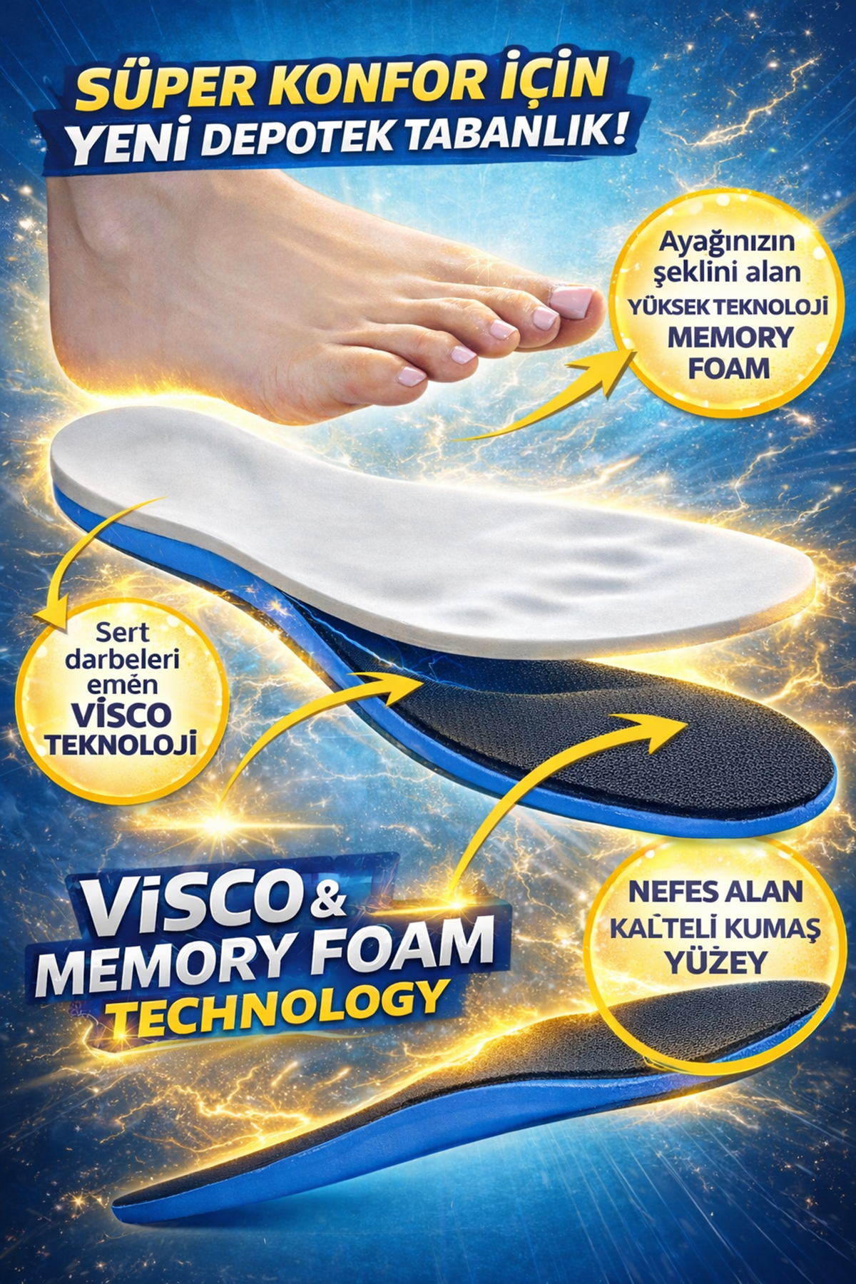 Ortopedik Ayakkabı Tabanlığı Memory Foam Jel Destekli Şok Emici Tabanlık Ayak Ağrısı Önleyici Konforlu Tabanlık