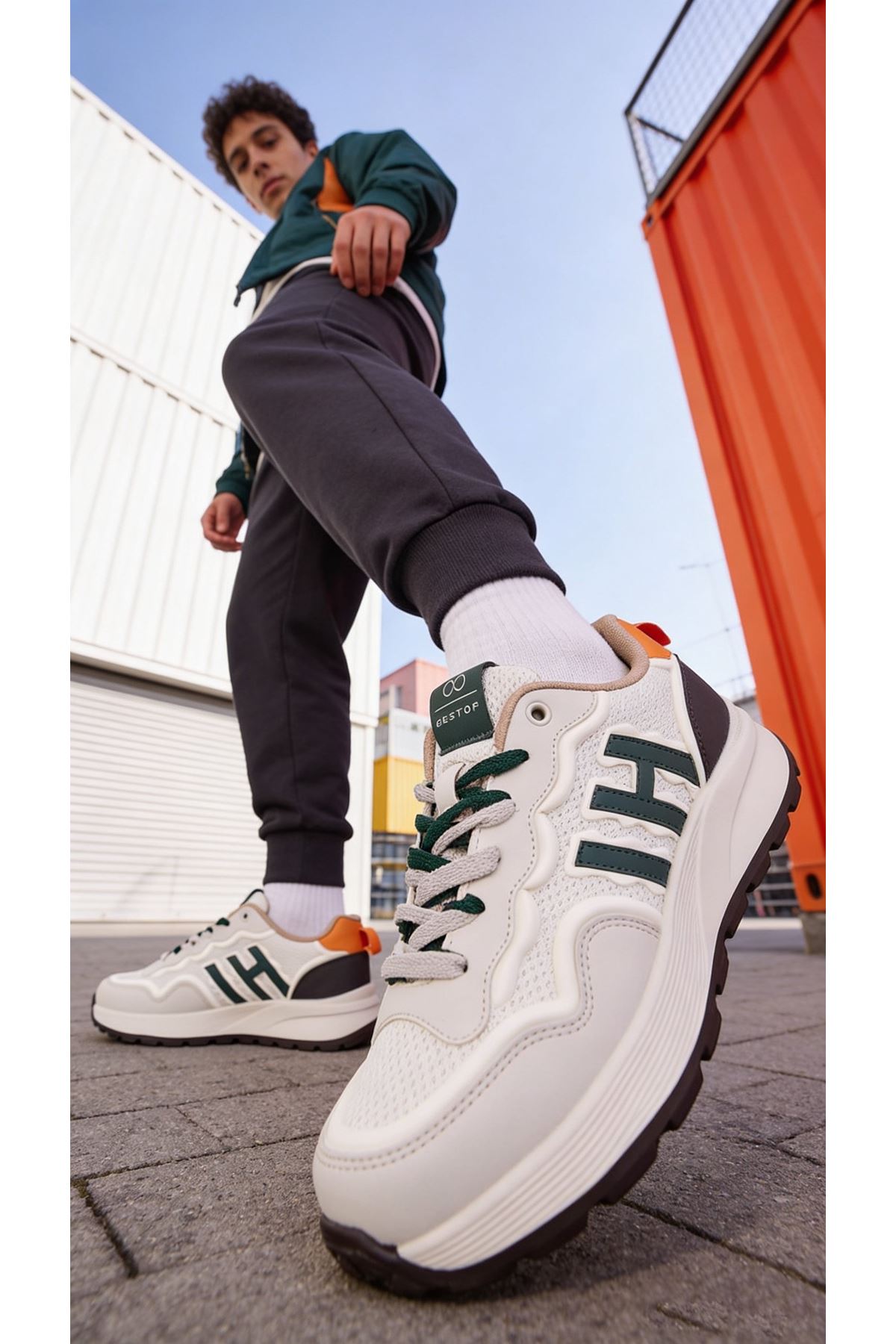 Erkek Krem Sneaker Yeni Sezon Trend Renk Kalın Tabanlı Bağcıklı Spor Ayakkabı