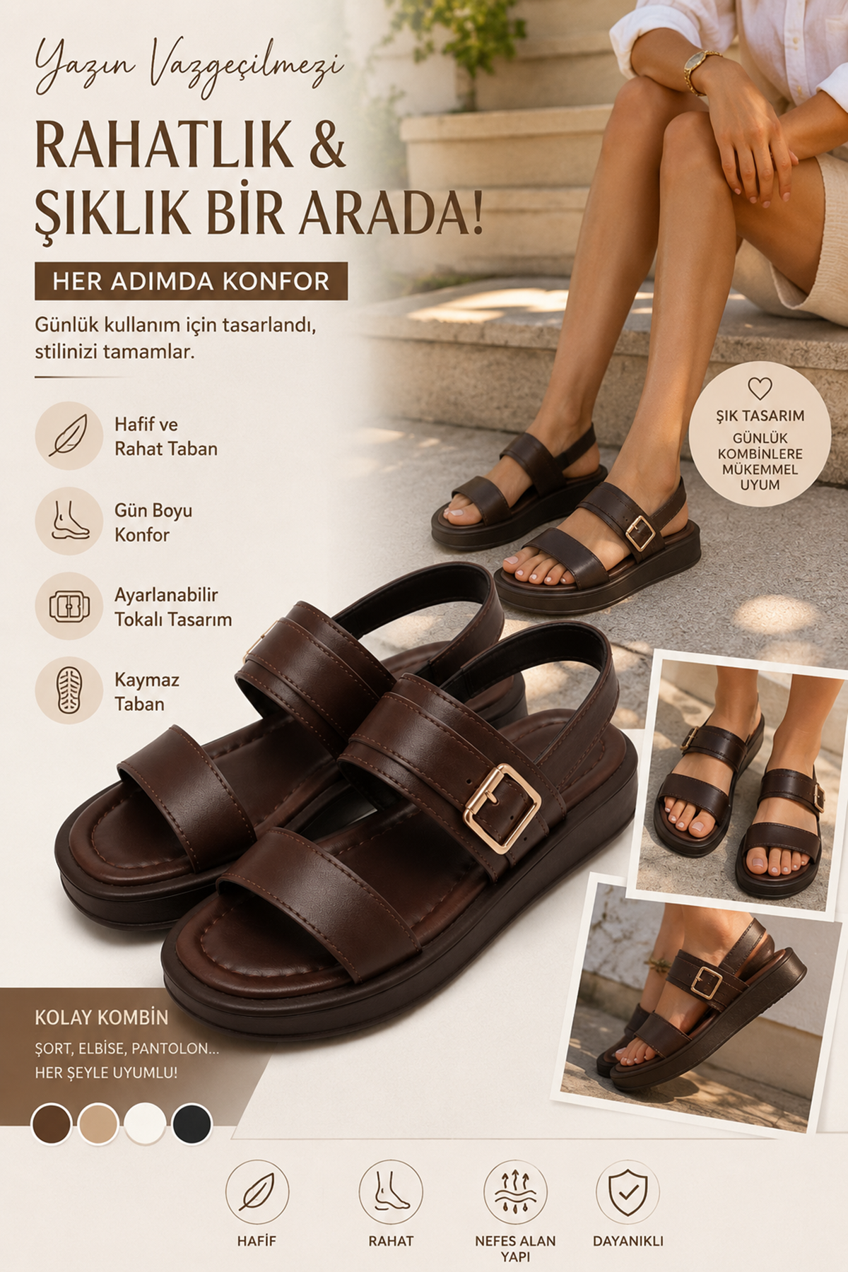 Kadın Acı Kahve Çift Bantlı Toka Detaylı Günlük Rahat Sandalet