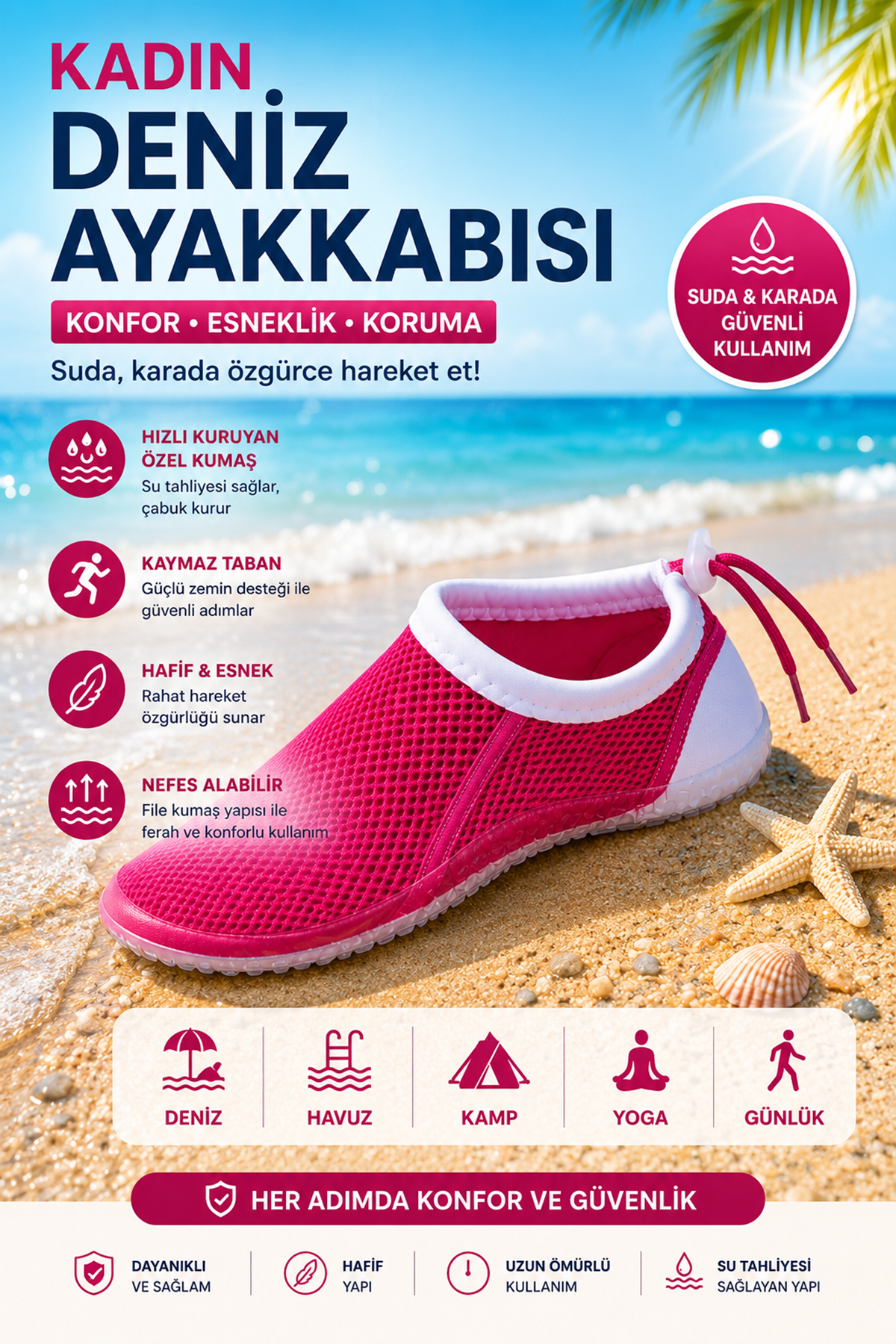Kadın Deniz Ayakkabısı Kaymaz Tabanlı Hızlı Kuruyan Havuz Plaj Deniz Ayakkabısı Fuşya