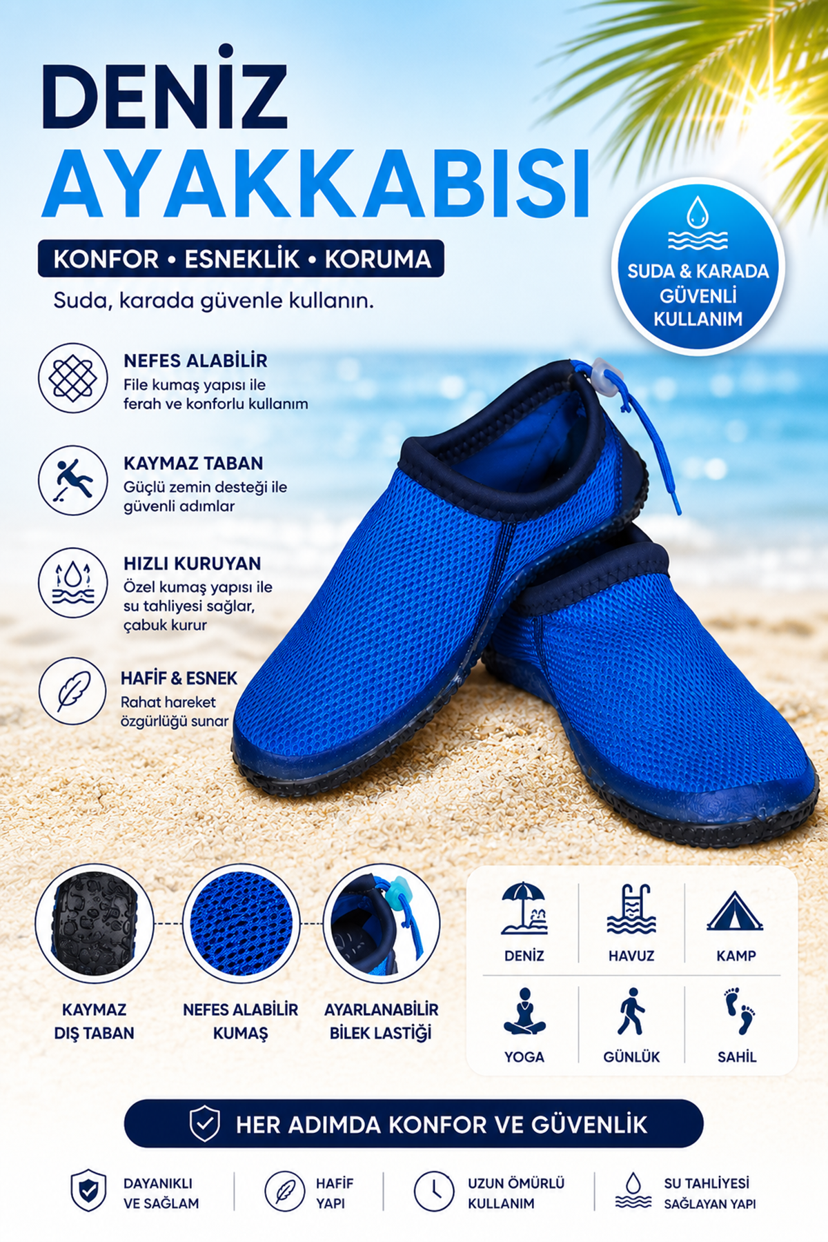 Erkek Deniz Ayakkabısı Kaymaz Tabanlı Hızlı Kuruyan Unisex Aqua Shoes Mavi
