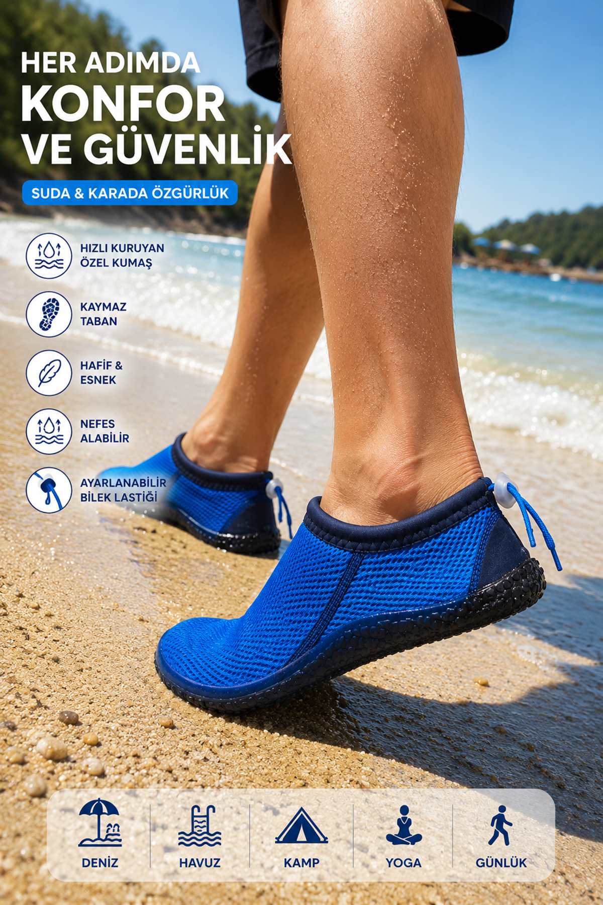 Erkek Deniz Ayakkabısı Kaymaz Tabanlı Hızlı Kuruyan Unisex Aqua Shoes Mavi