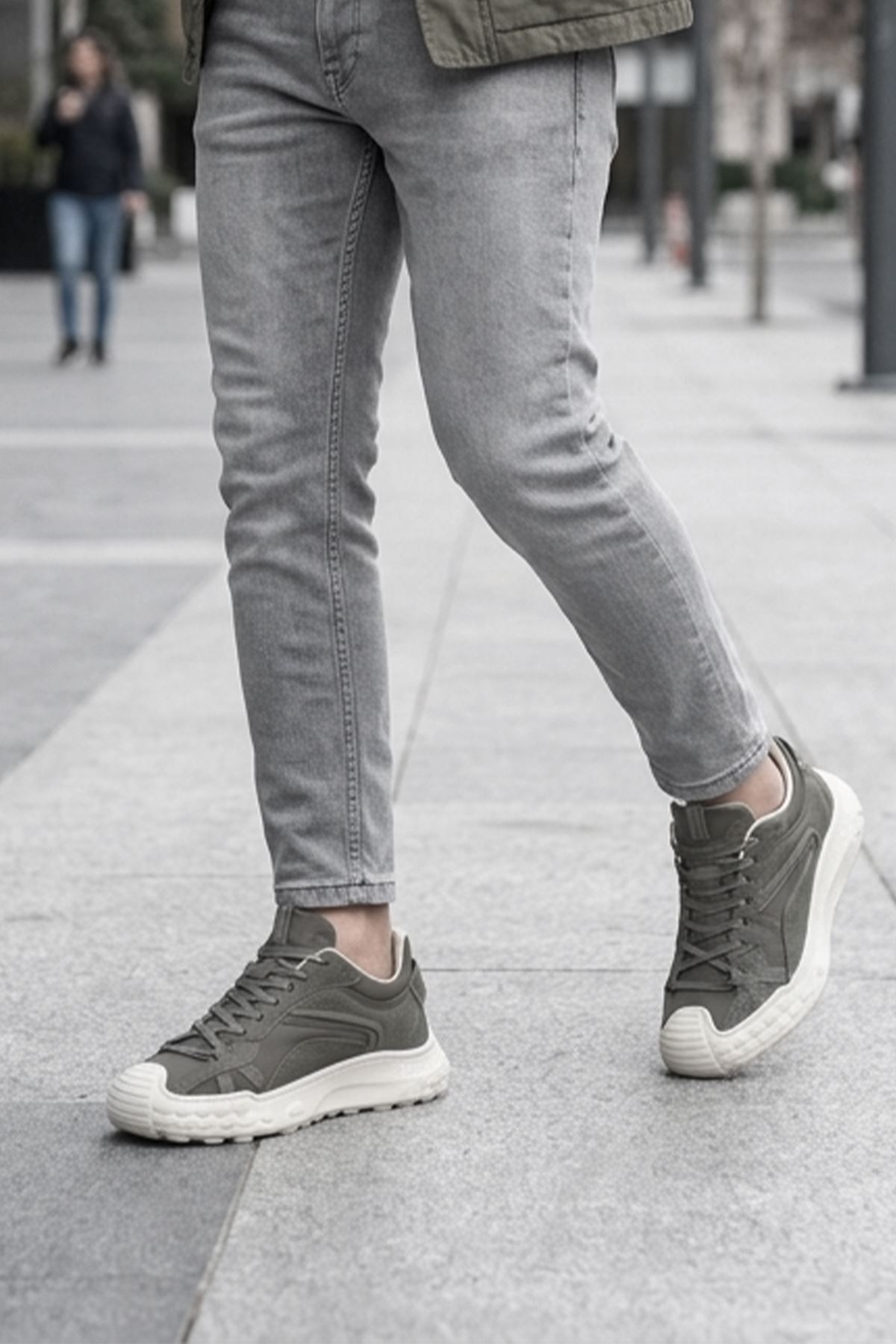 Diego Erkek Sneaker Günlük Spor Ayakkabı Zeytin Yeşili Kalın Taban Rahat Bağcıklı Casual Yürüyüş Ayakkabısı