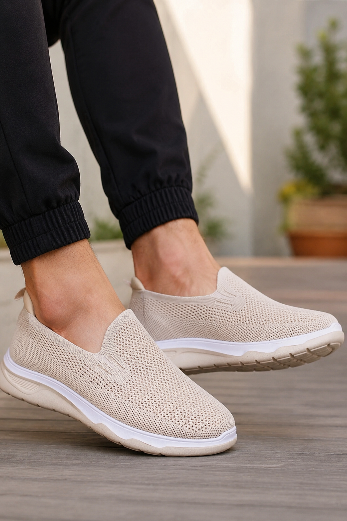 Erkek Bej Triko Sneaker Günlük Hafif Yürüyüş Ayakkabısı