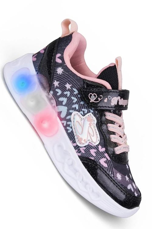 Kız Çocuk Işıklı Spor Ayakkabı Kalın Taban Desenli Rahat Günlük Sneaker Siyah Pudra