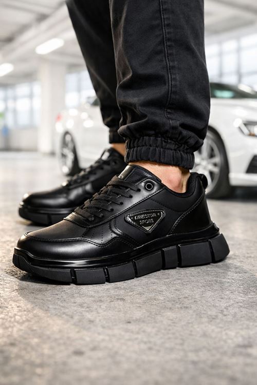 Erkek Siyah Kalın Taban Sneaker Günlük Rahat Spor Ayakkabı Kaydırmaz Modern Casual