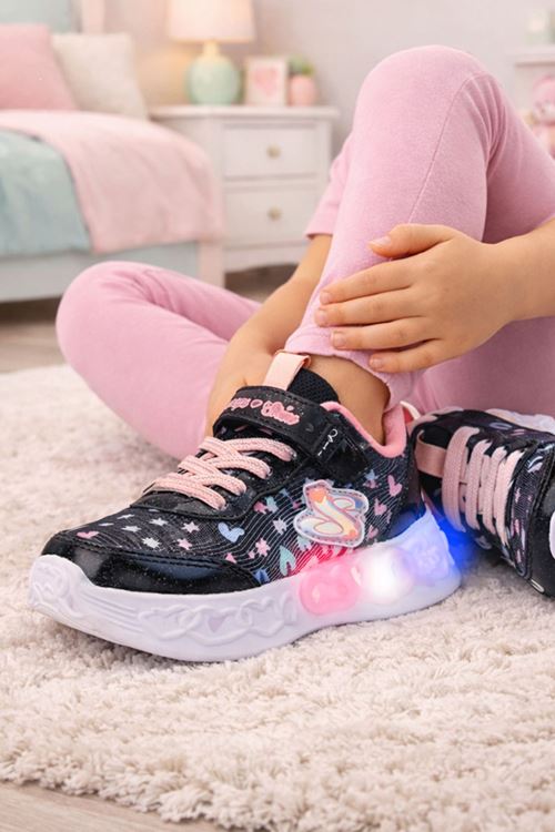 Kız Çocuk Işıklı Spor Ayakkabı Kalın Taban Desenli Rahat Günlük Sneaker Siyah Pudra