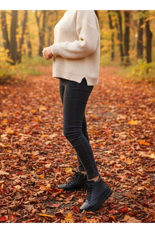 Hakiki Deri Comfort Bağcık Fermuar Yumuşak Deri Düz Taban Casual Kadın Bot