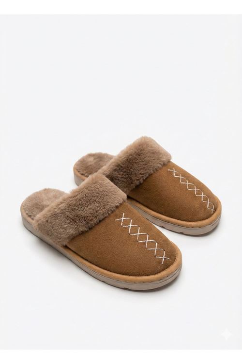 Peluş Kürklü Taba Yumuşak Tabanlı Ev Terliği