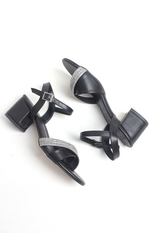 Alçak Topuk Rahat Kalıp Taşlı Abiye Sandalet Cilt Ve Saten 5.5 Cm Topuklu