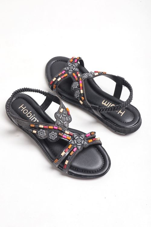 Boncuklu Taşlı Arkadan Lastikli Comfort Günlük Taşlı Kadın Sandalet