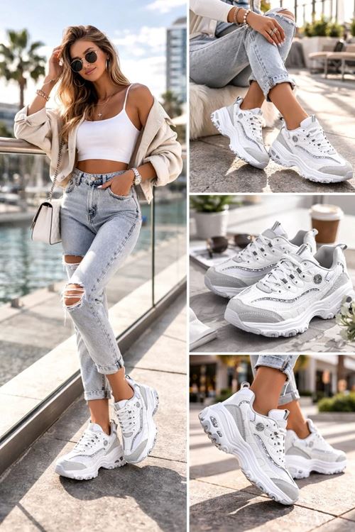 Kadın Beyaz Kalın Taban Simli Detaylı Günlük Sneaker Spor Ayakkabı