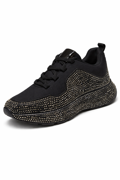 Kadın Siyah Taşlı Sneaker Spor Ayakkabı Kalın Taban Rahat Günlük Şık Parlak Model