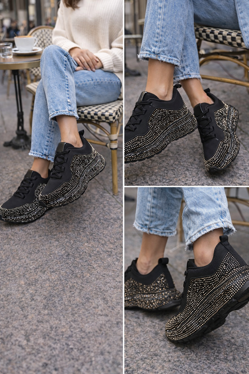 Kadın Siyah Taşlı Sneaker Spor Ayakkabı Kalın Taban Rahat Günlük Şık Parlak Model