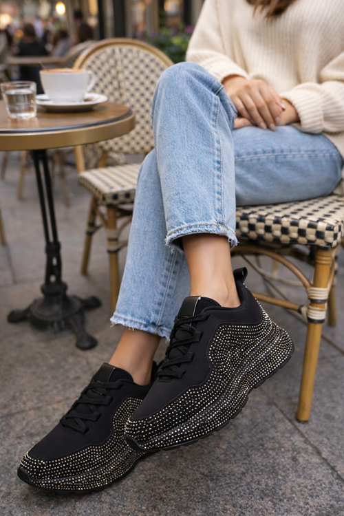 Kadın Siyah Taşlı Sneaker Spor Ayakkabı Kalın Taban Rahat Günlük Şık Parlak Model