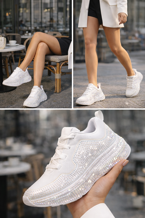 Kadın Beyaz Taşlı Sneaker Spor Ayakkabı Kalın Taban Rahat Günlük Şık Parlak Model