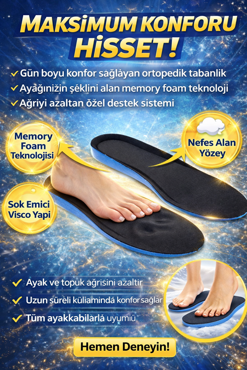 Ortopedik Ayakkabı Tabanlığı Memory Foam Jel Destekli Şok Emici Tabanlık Ayak Ağrısı Önleyici Konforlu Tabanlık