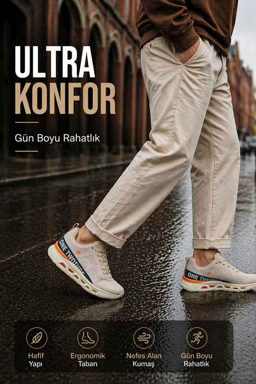 Erkek Krem Sneaker Günlük Spor Ayakkabı Hafif Taban Nefes Alan Rahat Yürüyüş Ayakkabısı