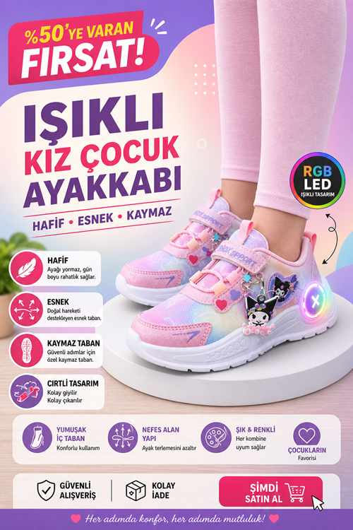 Kız Çocuk Işıklı Spor Ayakkabı Cırtlı – Hafif Esnek Kaymaz Taban Günlük Sneaker Pembe