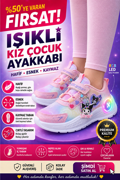 Kız Çocuk Işıklı Spor Ayakkabı Cırtlı – Hafif Esnek Kaymaz Taban Günlük Sneaker Pembe
