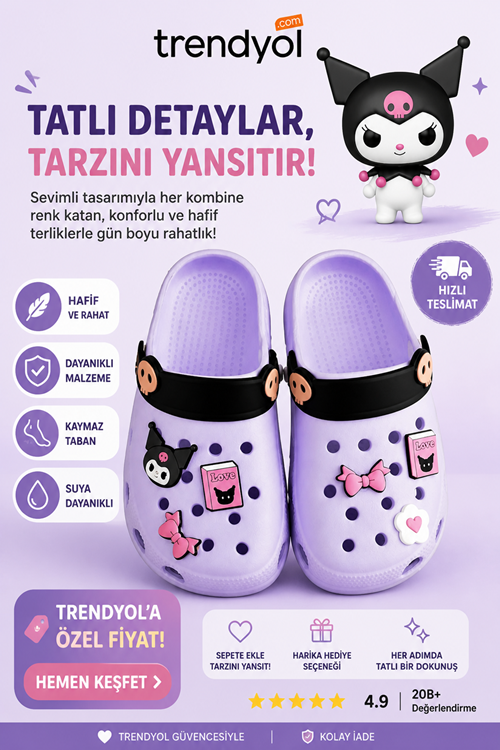 Kuruomi Karakter Kız Çocuk Önü Kapalı Havuz Plaj Sokak Terliği