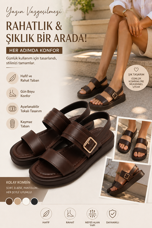 Kadın Acı Kahve Çift Bantlı Toka Detaylı Günlük Rahat Sandalet