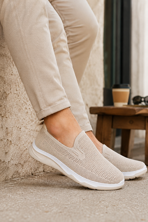 Erkek Bej Triko Sneaker Günlük Hafif Yürüyüş Ayakkabısı