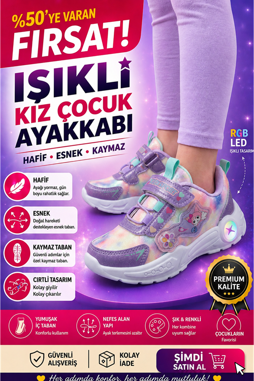 Kız Çocuk Işıklı Spor Ayakkabı Cırtlı – Hafif Esnek Kaymaz Taban Günlük Sneaker