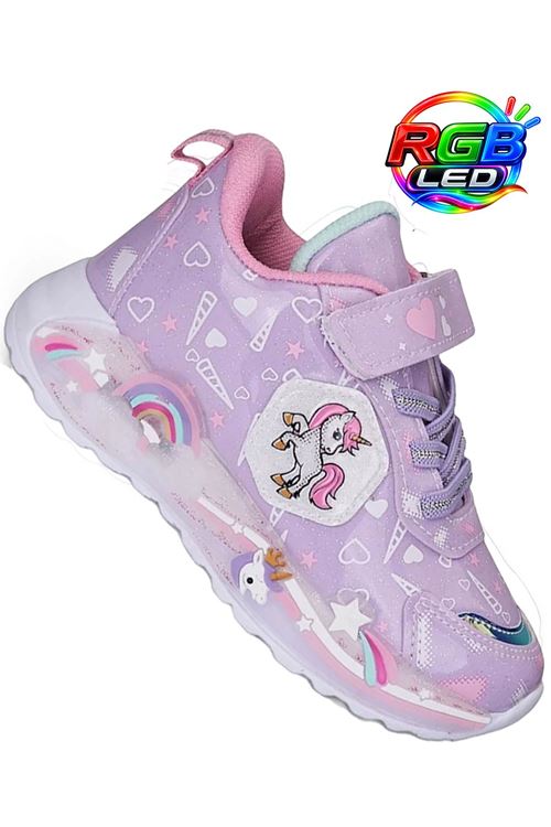Kız Çocuk Işıklı Unicorn Spor Ayakkabı Lila Cırtlı Günlük Sneaker