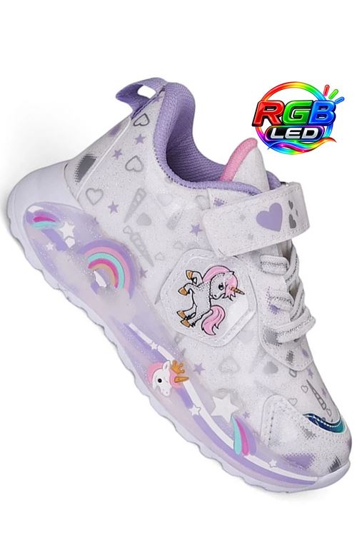 Beyaz Kız Çocuk Işıklı Unicorn Spor Ayakkabı | Cırtlı Sneaker