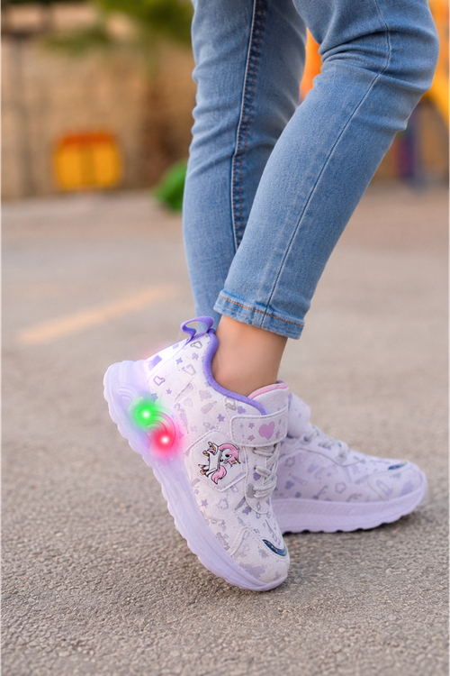 Beyaz Kız Çocuk Işıklı Unicorn Spor Ayakkabı | Cırtlı Sneaker