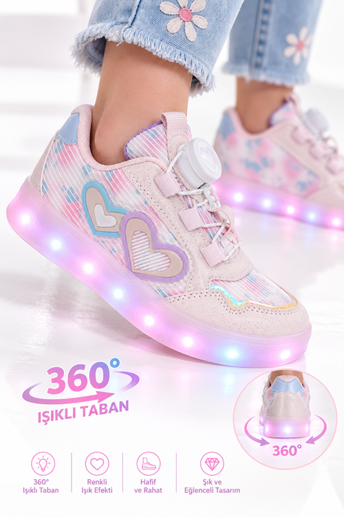 Kız Çocuk Işıklı Spor Ayakkabı Çevirme Bağcıklı – Hafif Esnek Kaymaz Taban Günlük Sneaker Pembe
