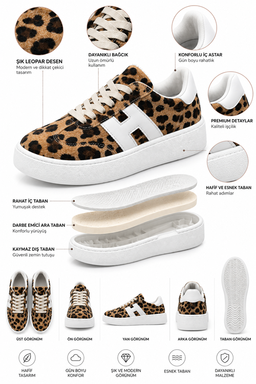 Kadın Leopar Desenli Kalın Taban Sneaker Bağcıklı Günlük Spor Ayakkabı