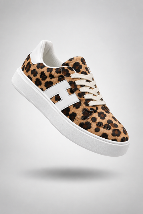 Kadın Leopar Desenli Kalın Taban Sneaker Bağcıklı Günlük Spor Ayakkabı